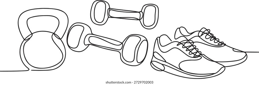 Einzelne durchgehende Linie Zeichnung von Fitnessgeräten. Kettlebell Hantel und Paar Laufschuhe minimalistische Illustration. Sporttrainingsgeräte Konzept ästhetisch. Modernes Grafikelement einzeln für gesunden Lifestyle oder Workout-Design. Eine Skizze im Linienstil von Gewichtheben und Sportschuhen.