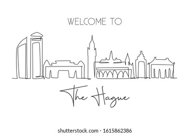 Single continuous line drawing of The Hague city skyline, Netherlands. Famous skyscraper landscape postcard. World travel wall decor poster art concept. Modern one line draw design vector illustration