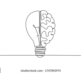 Single continuous line drawing half light bulb   half human brain logo label  Smart power   psychological company icon label concept  Trendy one line draw graphic design vector illustration