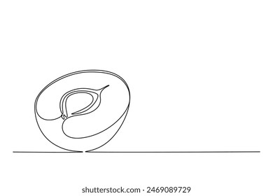 Single continuous line drawing half sliced healthy sweet organic plum for orchard logo identity. Fresh fruitage concept for fruit garden icon. Dynamic one line draw graphic design vector illustration