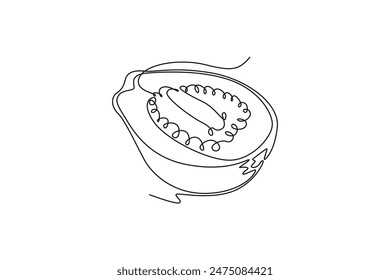 Single continuous line drawing half sliced healthy organic java guava for orchard logo identity. Fresh tropical fruit concept for garden icon. Dynamic one line draw graphic design vector illustration