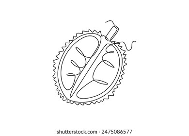 Single continuous line drawing of half sliced healthy organic durian for orchard logo identity. Fresh spiky fruitage concept for fruit garden icon. Dynamic one line graphic design vector illustration