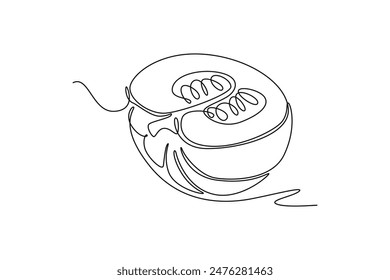 Single continuous line drawing half sliced healthy organic pumpkin for orchard logo identity. Fresh autumn fruitage concept for fruit garden. Dynamic one line draw graphic design vector illustration