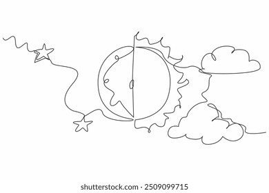 Einzige durchgehende Linie, die Halbsonne und Halbmond zeichnet. Tag und Nacht haben die gleiche Zeit. Die Dauer beträgt jeweils 12 Stunden. Astronomische Phänomene. Frühlings-Tagundnachtgleiche. Vektorgrafik mit einzeiligem Design