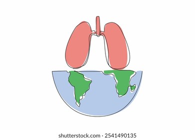 Single continuous line drawing half globe with lungs on top. Poster. Banner. Campaign. Don't let it spread. Love your family. Pneumonia. World Tuberculosis Day. One line design vector illustration