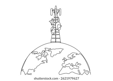 Single continuous line drawing half round globe with transmitting tower. Make it easier to communicate. Tech. World Telecommunication and Information Society Day. One line design vector illustration