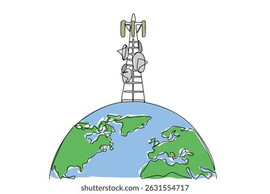 Single continuous line drawing half round globe with transmitting tower. Make it easier to communicate. Tech. World Telecommunication and Information Society Day. One line design vector illustration - Powered by Shutterstock - Get 15% off with code: PIKWIZARD15