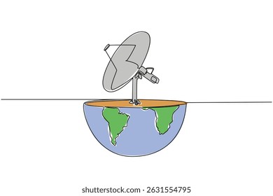 Single continuous line drawing half globe cut with satellite receiver on top. Stable signal from space. Tech. World Telecommunication and Information Society Day. One line design vector illustration