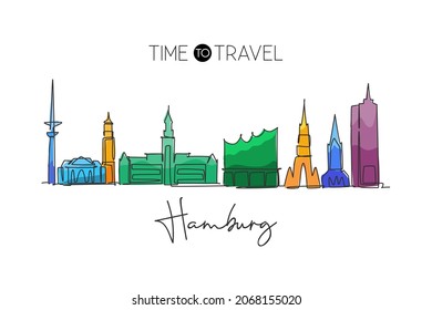Single continuous line drawing of Hamburg city skyline Germany. Famous city skyscraper landscape. World travel home wall decor poster print art concept. Modern one line draw design vector illustration