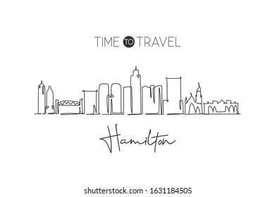 Single continuous line drawing Hamilton skyline, Canada. Famous city scraper landscape. World travel destination postcard print concept. Editable stroke modern one line draw design vector illustration