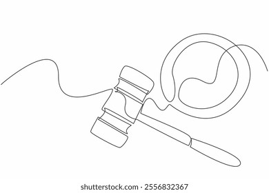 Single continuous line drawing hammer wood lying side by side with wooden sleepers. The auction is postponed until a specified time limit. National Auctioneers Day. One line design vector illustration