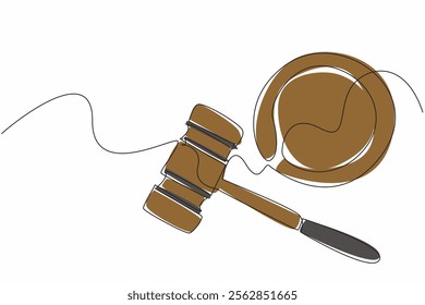 Single continuous line drawing hammer wood lying side by side with wooden sleepers. The auction is postponed until a specified time limit. National Auctioneers Day. One line design vector illustration