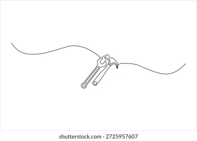 Dibujo de una sola línea continua de un martillo y una llave inglesa una junto a la otra. Icono minimalista para la reparación del hogar, la construcción y el diseño de Ui.
