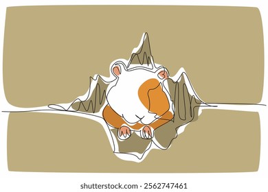 Single continuous line drawing hamster head and legs come out of the cardboard hole. Tear the cardboard to escape to play outside the box. Cute. World Hamster Day. One line design vector illustration