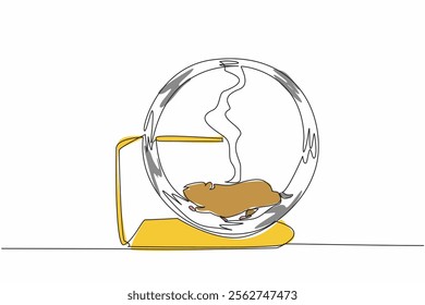 Single continuous line drawing hamster running in running wheel. A play area combined with a cage. A fun habit for hamsters. Play continuously. World Hamster Day. One line design vector illustration