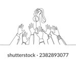 Single continuous line drawing hand in hand for medal number one. Everyone wants to get it. Fight harder. Trying to be smarter. Business success will arrive. One line design vector illustration