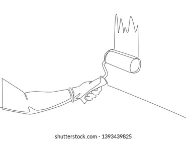 Single continuous line drawing of hand of handyman painting house wall with paint roller. Painter wall renovation service concept. One line draw design illustration