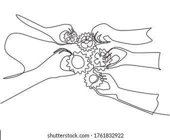 Single continuous line drawing of hand gesture business team members unite piece of gears to one as teamwork symbol. Unity working together concept one line graphic draw design vector illustration