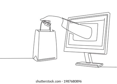 Single continuous line drawing hand out of monitor screen holding shopping bag. Sale, digital lifestyle with internet and gadgets concept. Dynamic one line draw graphic design vector illustration