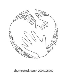 Dibujo de línea continua de una sola mano que toca el corazón, plantilla de forma. El corazón táctil a mano para proteger el símbolo de la naturaleza. Estilo de fondo del círculo de redondeo giratorio. Ilustración vectorial de diseño gráfico de una línea dinámica