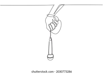 Single continuous line drawing hand holding microphone with lead wrapped around wrist. Man holding microphone in his hand at karaoke singer sings song. One line draw graphic design vector illustration