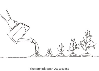 Single continuous line drawing hand with can watering plant at garden. Earth day save environment concept. Growing seedling forester planting. Dynamic one line draw graphic design vector illustration