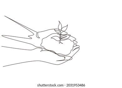 Single continuous line drawing hand holding sprout wilde pine tree in nature green forest. Earth Day save environment concept. Growing seedling forester planting. One line draw graphic design vector