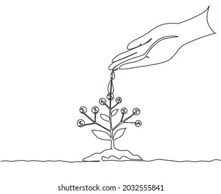 Single continuous line drawing hand nurturing and watering young money plants growing on fertile soil. Concept of money saving and investment. Dynamic one line draw graphic design vector illustration