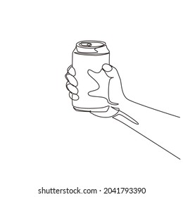 Single continuous line drawing hand holding a aluminum can drink without labels. Beverages in metal containers. Refreshing drink for people. Dynamic one line draw graphic design vector illustration