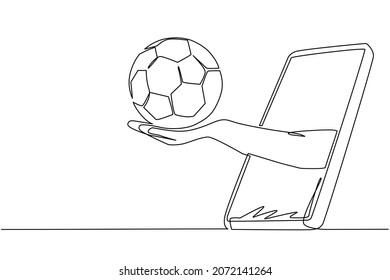 Single continuous line drawing hand holds soccer ball through smartphone. Concept for online games, sports broadcasts. Online football games. Dynamic one line draw graphic design vector illustration