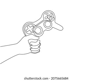 Single continuous line drawing hand holding video game console. Logo template for the gaming community. Players keep their gaming joysticks in their hands. One line draw design vector illustration