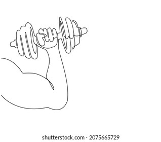 Una sola línea de dibujo con la mano tendida en el timbre. Mano con músculo en sostener a la barbacoa. El concepto de gimnasio y gimnasio. Símbolo del contorno de fitness y entrenamiento. Ilustración vectorial de diseño de líneas de una línea