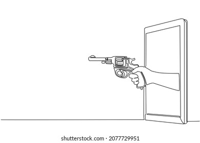 Single continuous line drawing hand holding revolver gun through mobile phone. Concept of battle video games, e-sport, entertainment application for smartphones. One line draw graphic design vector