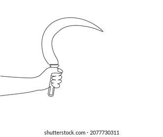 Mano de dibujo de línea continua única sujetando la hoz de la granja. Herramienta de mano agrícola para la siembra de pasto o cosecha de cosecha, bosquejo de engrase plano aislado. vector de diseño gráfico de tracción dinámica de una línea