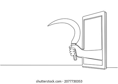 Single continuous line drawing hand holding farm sickle through mobile phone. Concept of farming video games, e-sport, entertainment application for smartphones. One line draw graphic design vector