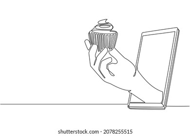 Single continuous line drawing hand holding cupcake through mobile phone. Concept of restaurant order delivery online food. Application for smartphone. one line draw graphic design vector illustration