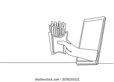 Single continuous line drawing hand holding french fries in paper box through mobile phone. Concept of restaurant order delivery online food. App for smartphones. One line draw graphic design vector