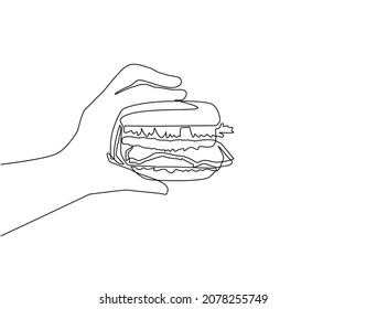 Single continuous line drawing hand holding burger. Hamburger. Delicious fast food. Cutlet with vegetables in bun with sesame seeds. Hand holding hamburger. Dynamic one line draw graphic design vector