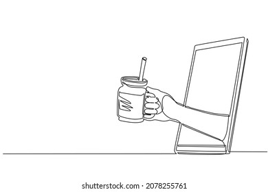 Single continuous line drawing hand holding smoothie juice in glass cup with straw through mobile phone. Concept of cafe drink order delivery online food. Dynamic one line draw graphic design vector