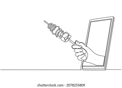 Single continuous line drawing hand holding kebab through mobile phone. Concept of restaurant order delivery online food. Application for smartphones. One line draw graphic design vector illustration
