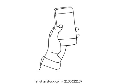Single continuous line drawing of hand holding phone or smartphone. Modern simple line draw design. Vector illustration minimalism design smart mobile technology theme.