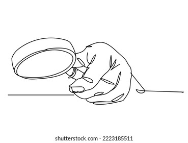 Single continuous line drawing of hand holding magnifying glass isolated on white background, Hand drawn single line vector illustration