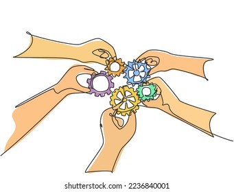 Single continuous line drawing of hand gesture male and female business team members unite piece of gears to one as team building symbol. Teamwork concept one line draw design vector illustration