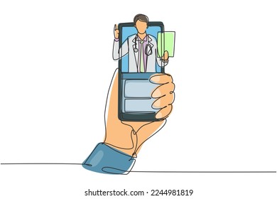 Single continuous line drawing hand holding smartphone and there is Arab male doctor coming out of smartphone screen holding clipboard. Online consultation concept. One line draw graphic design vector