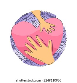 Single continuous line drawing hand touching heart, shape template. Hand touch heart for protect nature symbol. Swirl curl circle background style. Dynamic one line graphic design vector illustration