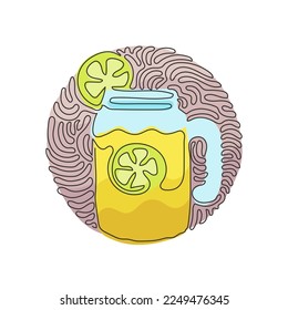 Single continuous line drawing hand drawn lemon, lemon slice, jar with lemonade. Freshness cold drink water in summer. Swirl curl circle background style. One line graphic design vector illustration