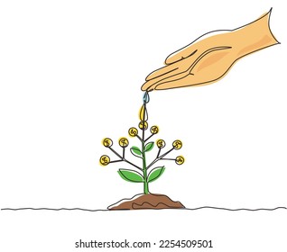 Single continuous line drawing hand nurturing and watering young money plants growing on fertile soil. Concept of money saving and investment. Dynamic one line draw graphic design vector illustration