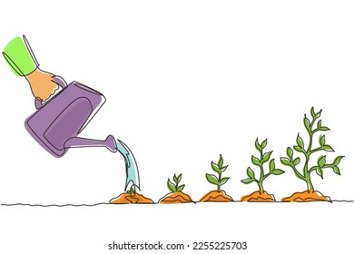 Single continuous line drawing hand with can watering plant at garden. Earth day save environment concept. Growing seedling forester planting. Dynamic one line draw graphic design vector illustration