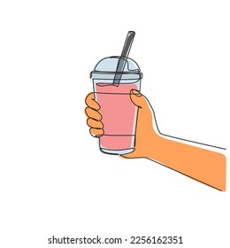 Single continuous line drawing hand holding bubble tea plastic cup  Boba tea  sweet Taiwanese milk tea drink popular in Asia  Trend food   drink concept  One line draw design vector illustration