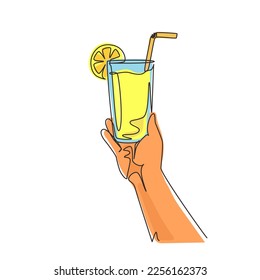 Single continuous line drawing hand holding glass with lemon fruit juice. Sweet beverage. Tasty and yummy food. Juicy water with straw, delicious treatment organic product. One line draw design vector